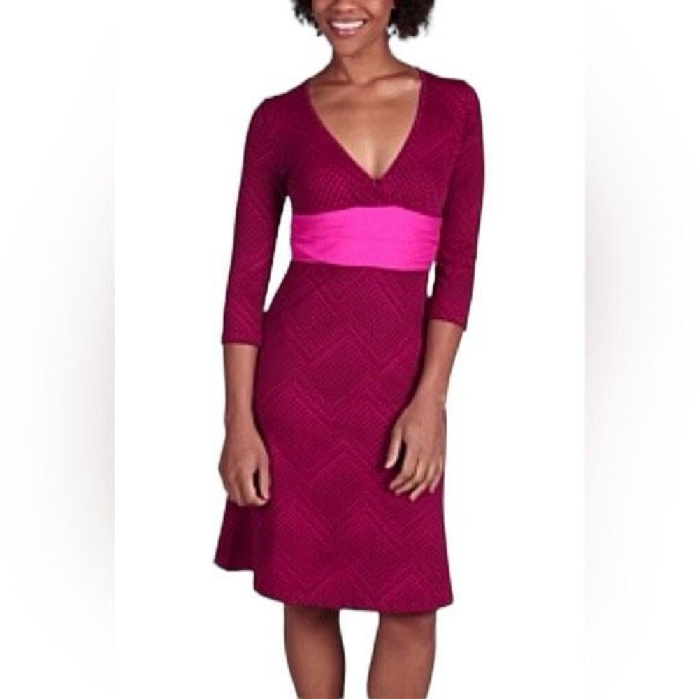 PATAGONIA Pink Stretchy Margot Midi Chevron Dress 3/4 Sleeves Cinched Waist S. M